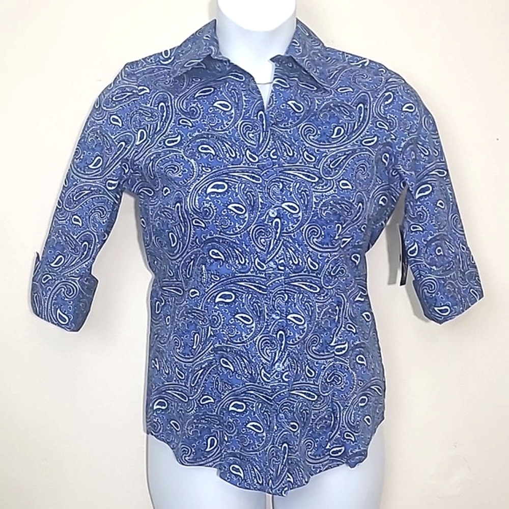 Paisley Bandana Button Up blouse print Cotton Stretch Short Sleeve Cuffs NWT